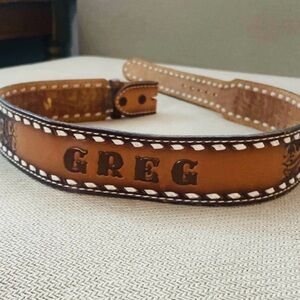 Vintage Tony Lams Hand Tooled Leather Belt Personalized “Greg” 34” Made in USA